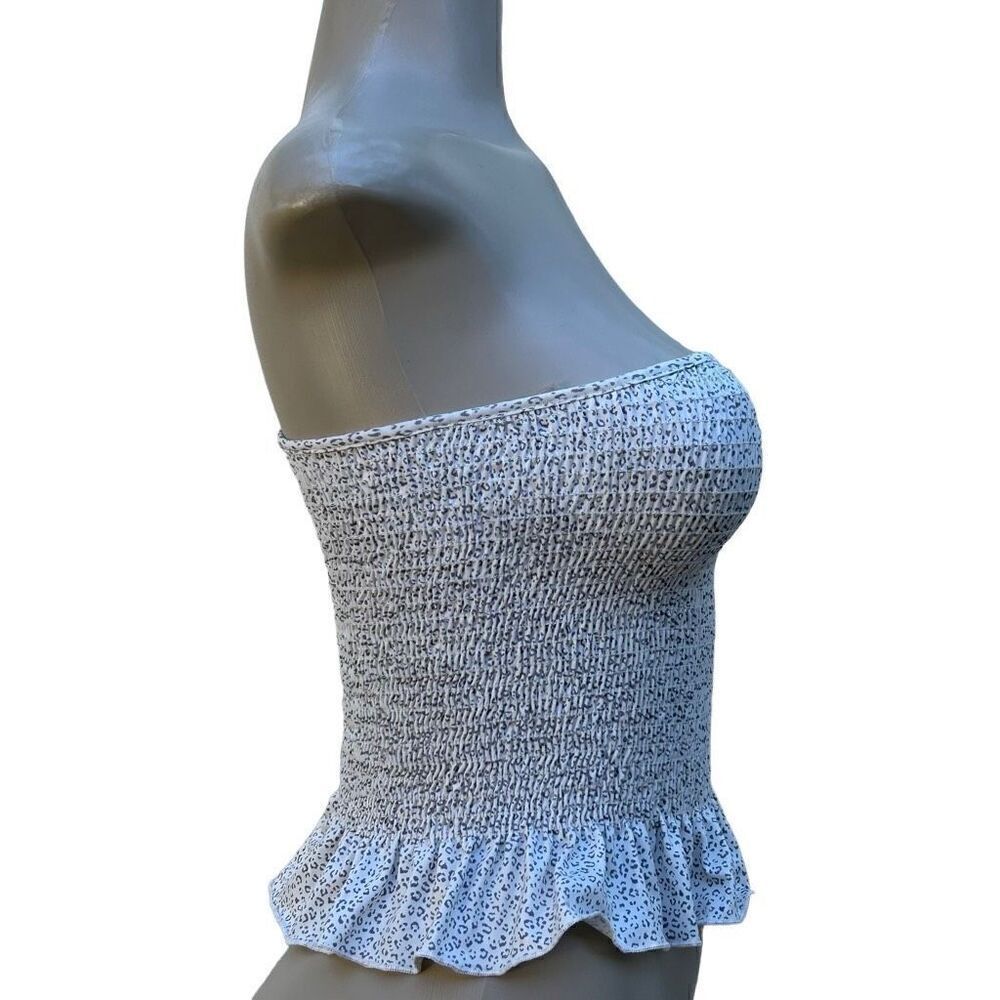 Gaze Peplum Crop Top XS White Gray Animal Print Smocked One Shoulder Ruffle Hem - Picture 3 of 9